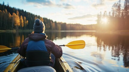 Fototapete - Woman kayaks on calm lake at sunset, enjoying peaceful autumn scenery.  Golden hour light reflects on water, highlighting fall foliage. : Generative AI