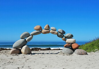 Aufkleber - Balanced stone archway on a sandy beach, overlooking a calm ocean under a vibrant blue sky.  A tranquil coastal scene showcasing natural rock formations. : Generative AI