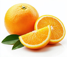 Aufkleber - Juicy orange fruit slices and whole orange with green leaves isolated on white background, perfect for healthy food or beverage advertising. : Generative AI