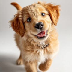 Poster - Adorable golden retriever puppy with a cheerful expression, looking directly at the camera, light brown fur, small collar, playful mood. : Generative AI