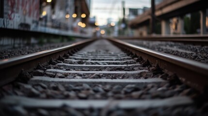 Poster - A close perspective of railway tracks extending towards a blurred cityscape at dusk, showcasing the texture of the gravel ballast and steel rails. : Generative AI