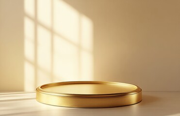 Poster - Elegant gold cylindrical display platform on light wood floor, bathed in soft sunlight streaming through a window, creating a minimalist, luxurious scene. : Generative AI