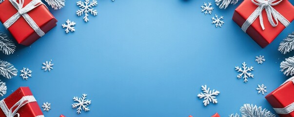 Poster - Festive Christmas border: red gifts, snowflakes, and frosted pine branches on a bright blue background, perfect for holiday cards or winter themed designs. : Generative AI