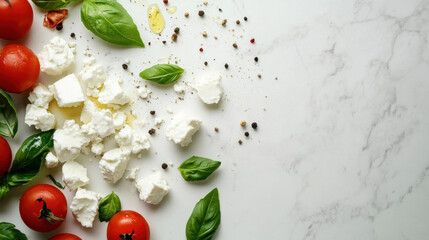 Poster - Fresh feta cheese crumbles with cherry tomatoes and basil leaves on a marble surface, sprinkled with peppercorns and olive oil. : Generative AI