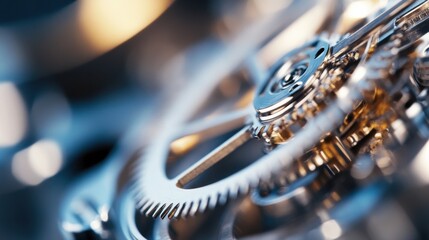 Aufkleber - Close-up view of intricate clockwork mechanism, showcasing polished steel gears and precise engineering, reflecting light with a warm golden hue against a blurred blue background. : Generative AI