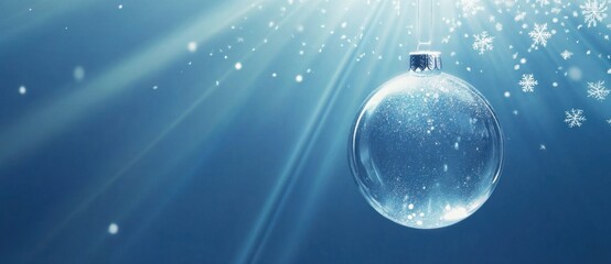 Aufkleber - A single, clear glass christmas ornament hangs from a silver string, suspended against a serene blue backdrop with falling snowflakes and light rays. : Generative AI