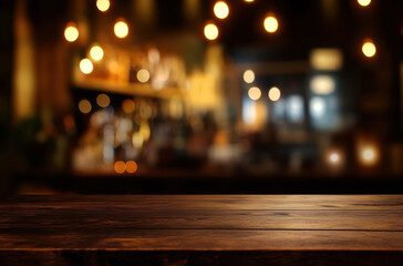Aufkleber - Dark wooden table in front of a blurred, warm-lit bar scene at night, perfect for product placement or beverage advertising. : Generative AI