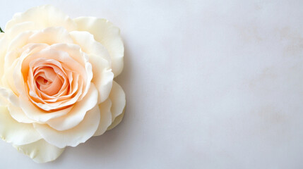 Fototapete - A single, delicate peach rose rests on a light gray textured background, offering a serene and elegant visual. : Generative AI