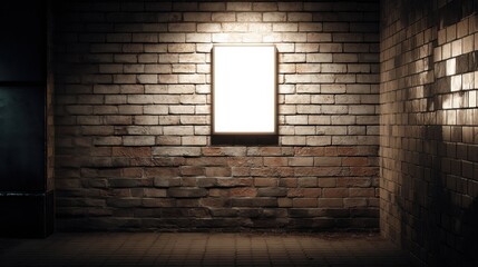 Poster - Illuminated blank sign on a weathered brick wall at night, creating a moody urban atmosphere, perfect for advertising or design mockups. : Generative AI