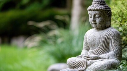 Poster - Serene stone Buddha statue meditates peacefully in a lush green garden, embodying tranquility and spiritual contemplation. : Generative AI