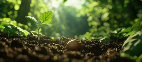 Poster - A tiny sprout emerges from rich soil, a single seed nearby, bathed in the warm sunlight of a lush forest.  New life begins in a vibrant green ecosystem. : Generative AI