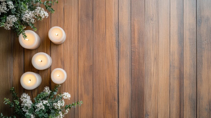 Poster - Scenic overhead shot of five lit candles and white flowers arranged on a rustic brown wooden surface, creating a peaceful and serene ambiance. : Generative AI