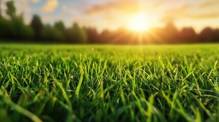 Poster - Close-up view of vibrant green grass illuminated by the warm glow of a setting sun, creating a tranquil and peaceful summer evening scene. : Generative AI