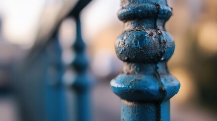 Aufkleber - Close-up view of a weathered, blue metal railing post, showing texture and age, outdoors in soft light. : Generative AI