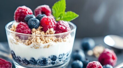 Poster - Delicious parfait layered with creamy yogurt, crunchy granola, and fresh raspberries and blueberries, garnished with a sprig of mint. : Generative AI