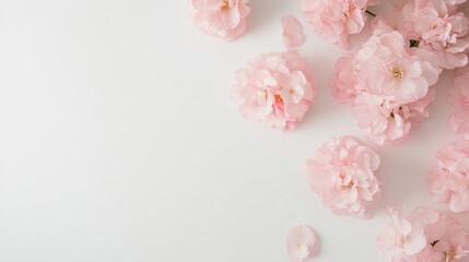 Leinwandbilder - Delicate pink cherry blossoms arranged on a white background, creating a soft and elegant floral composition perfect for spring or wedding themes. : Generative AI