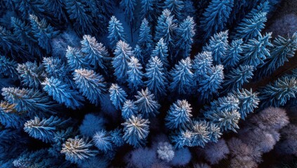 Poster - Aerial view of a winter forest, showcasing snow-covered evergreen trees from above, creating a stunning blue and white pattern. : Generative AI