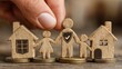 © Generative AI - Wooden family figures with houses and coins, symbolizing home insurance and financial security for family protection. : Generative AI