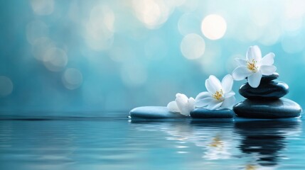 Poster - Serene spa scene: three smooth, dark grey stones stacked atop each other, adorned with delicate white jasmine blossoms, peacefully floating on tranquil blue water. : Generative AI