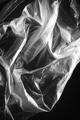 Fototapete - Abstract grayscale image of crumpled plastic film, showcasing its texture and folds against a dark background. The translucent material creates a dramatic interplay of light and shadow : Generative AI
