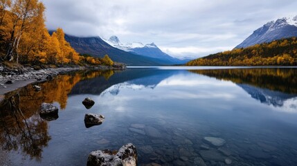 Poster - Serene autumn landscape: crystal-clear lake reflecting snow-capped mountains and golden birch trees. : Generative AI
