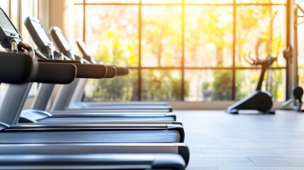 Aufkleber - Row of modern treadmills in a bright fitness center, sunlight streaming through large windows, creating a healthy and energetic atmosphere. : Generative AI