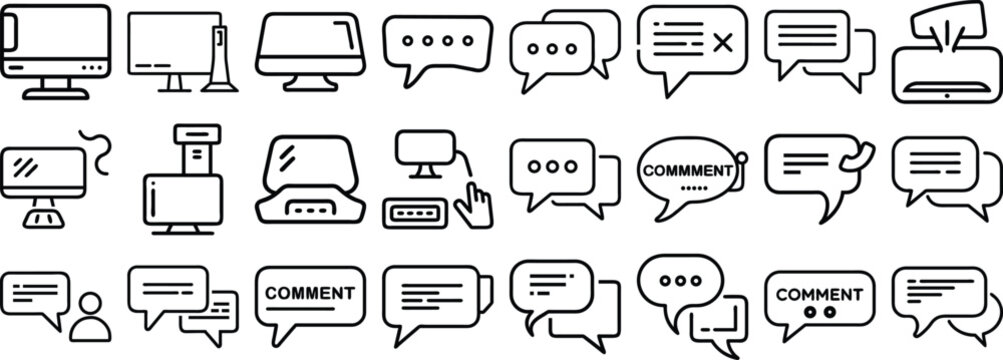 Line art set of computer monitors and communication message speech bubbles with comment text
