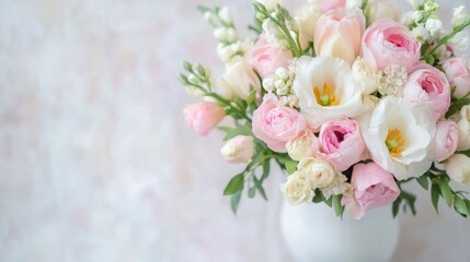 Poster - Elegant bouquet of pink and white flowers in a white vase, soft pastel colors, romantic floral arrangement, perfect for wedding or anniversary. : Generative AI