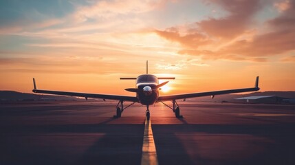 Poster - Single engine propeller airplane on runway at sunset, front view, golden hour light illuminating the aircraft and sky. : Generative AI