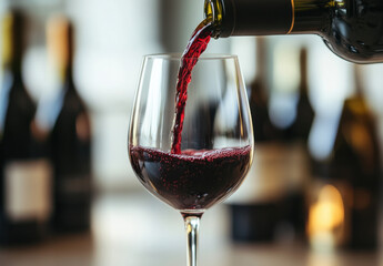 Poster - Red wine pouring into a crystal glass, several blurred bottles in the background, creating a sophisticated and elegant atmosphere. : Generative AI