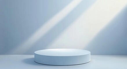 Leinwandbilder - A minimalist studio scene features a pale blue cylindrical pedestal bathed in soft sunlight streaming through a window, creating a serene and elegant display. : Generative AI