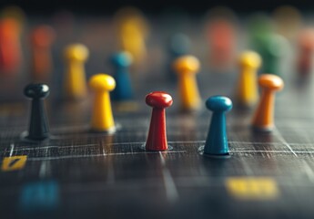 Poster - Close-up view of colorful game markers on a dark board, suggesting strategy and competition in a board game. : Generative AI