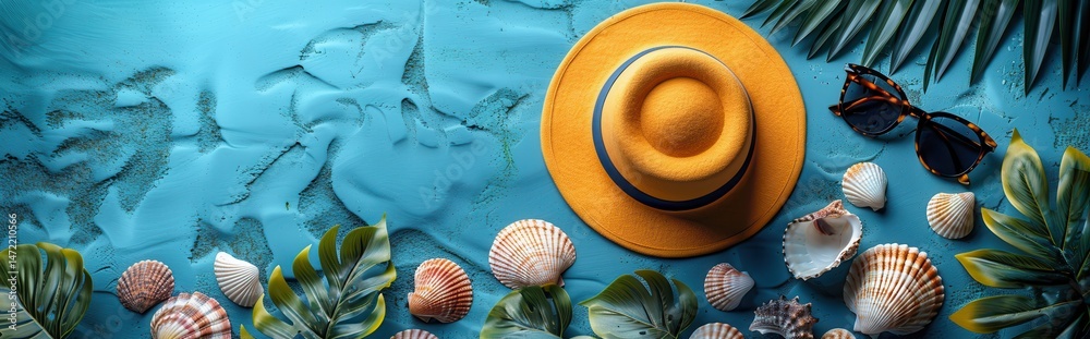 Summer Vacation Accessories on Blue Background