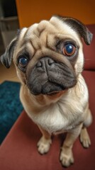 Poster - Adorable fawn pug puppy sits on a burgundy couch, looking directly at the camera with big, expressive eyes.  Its short, soft fur is highlighted, showcasing its endearing features. : Generative AI