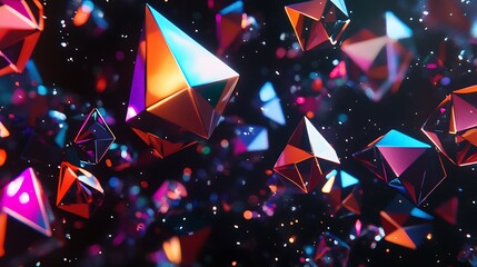 Poster - Abstract floating polygons with refracted light and glittering bokeh effects