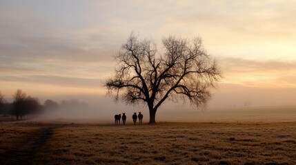Poster - Silhouetted horses stand beneath a leafless tree at sunrise, a misty field stretching out before them in a peaceful, golden-hued landscape. : Generative AI