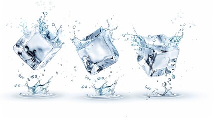 Poster - Three Ice Cubes with Water Splashes on White Background