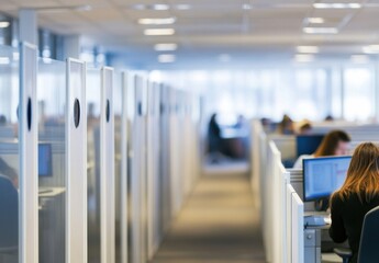 Leinwandbilder - Modern office interior with rows of individual work cubicles, showcasing a contemporary workspace design and blurred employees working at computers. : Generative AI