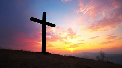 Aufkleber - Silhouette of a wooden cross standing on a hilltop at sunset, overlooking a mountain range with a vibrant, colorful sky. : Generative AI