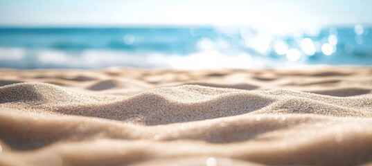 Aufkleber - Close-up view of sunlit beach sand with a blurred ocean background, showcasing the texture and grains of the sand. : Generative AI