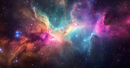 Poster - A vibrant nebula swirls with pink, teal, and orange hues, speckled with countless stars across a dark cosmic expanse.  The celestial clouds create a dramatic, ethereal scene. : Generative AI