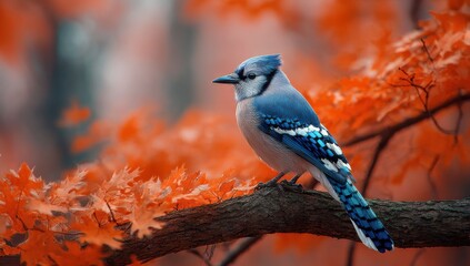 Poster - A vibrant blue jay perches on a branch amidst a backdrop of fiery autumn leaves, showcasing its striking plumage against the warm, orange hues of the season. : Generative AI