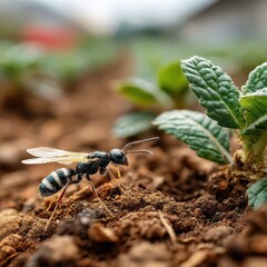 Poster - A striking blue-black wasp with white stripes, delicately perched on rich brown soil near vibrant green seedlings, showcasing intricate details of its wings and body. : Generative AI
