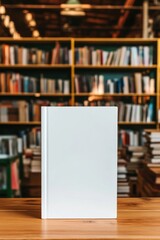 Poster - Blank white book cover mockup on wooden table with blurred library background. Perfect for showcasing your book design or publishing project. : Generative AI
