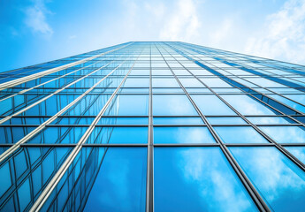 Aufkleber - A low-angle view showcases a modern glass skyscraper reflecting a vibrant blue sky and fluffy white clouds, emphasizing the building's architectural design and the interplay of light a : Generative AI