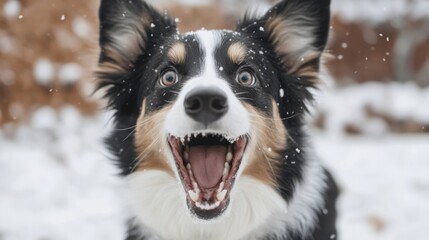 Poster - A happy border collie dog with snowflakes on its fur, mouth open in a joyful expression, outdoors in the winter snow. : Generative AI