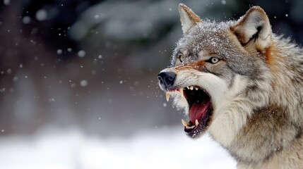 Aufkleber - A gray wolf snarls fiercely, its teeth bared in a winter snowstorm, a powerful image of wild nature. : Generative AI