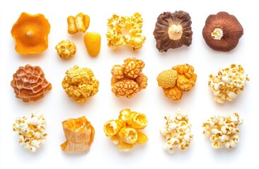 Poster - A vibrant collection of popcorn and mushroom varieties, showcasing diverse textures and colors against a stark white background.  The image offers a unique visual contrast and is ideal : Generative AI