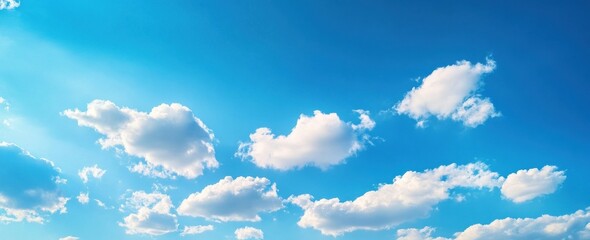 Aufkleber - A vibrant summer sky, showcasing fluffy cumulus clouds scattered across a brilliant blue canvas, bathed in the warm glow of sunlight. : Generative AI