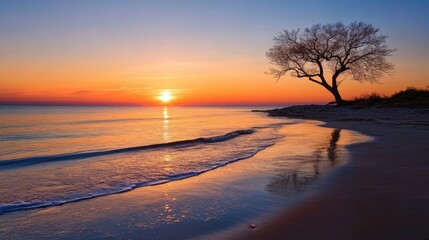 Aufkleber - Serene sunrise over tranquil ocean beach, silhouetted tree on sandy shore, golden hour light reflecting on calm waves. : Generative AI